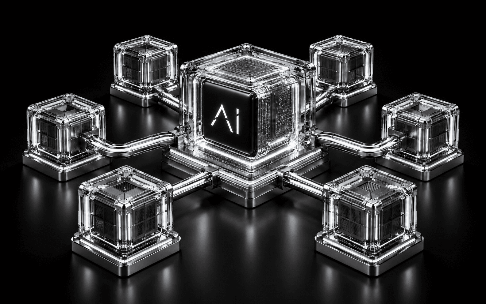 An illuminated AI cube connecting strategy, finance, customer experience, operations, governance and people