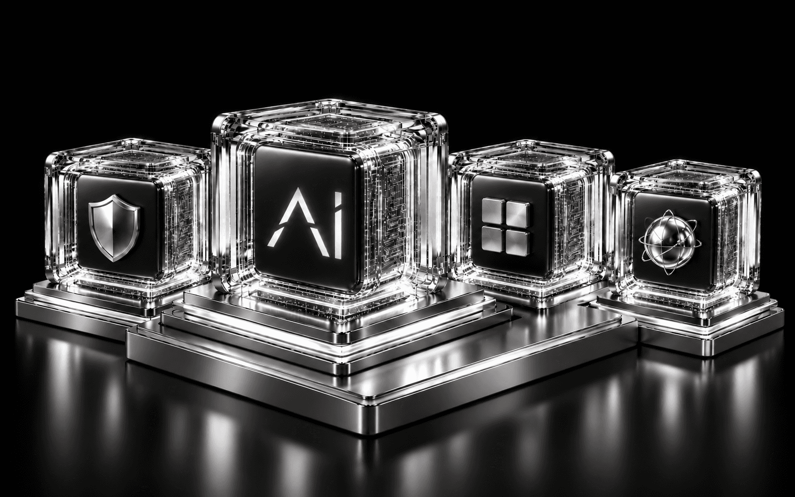 Silver AI, security, adaptability and intelligence cards on an illuminated platform