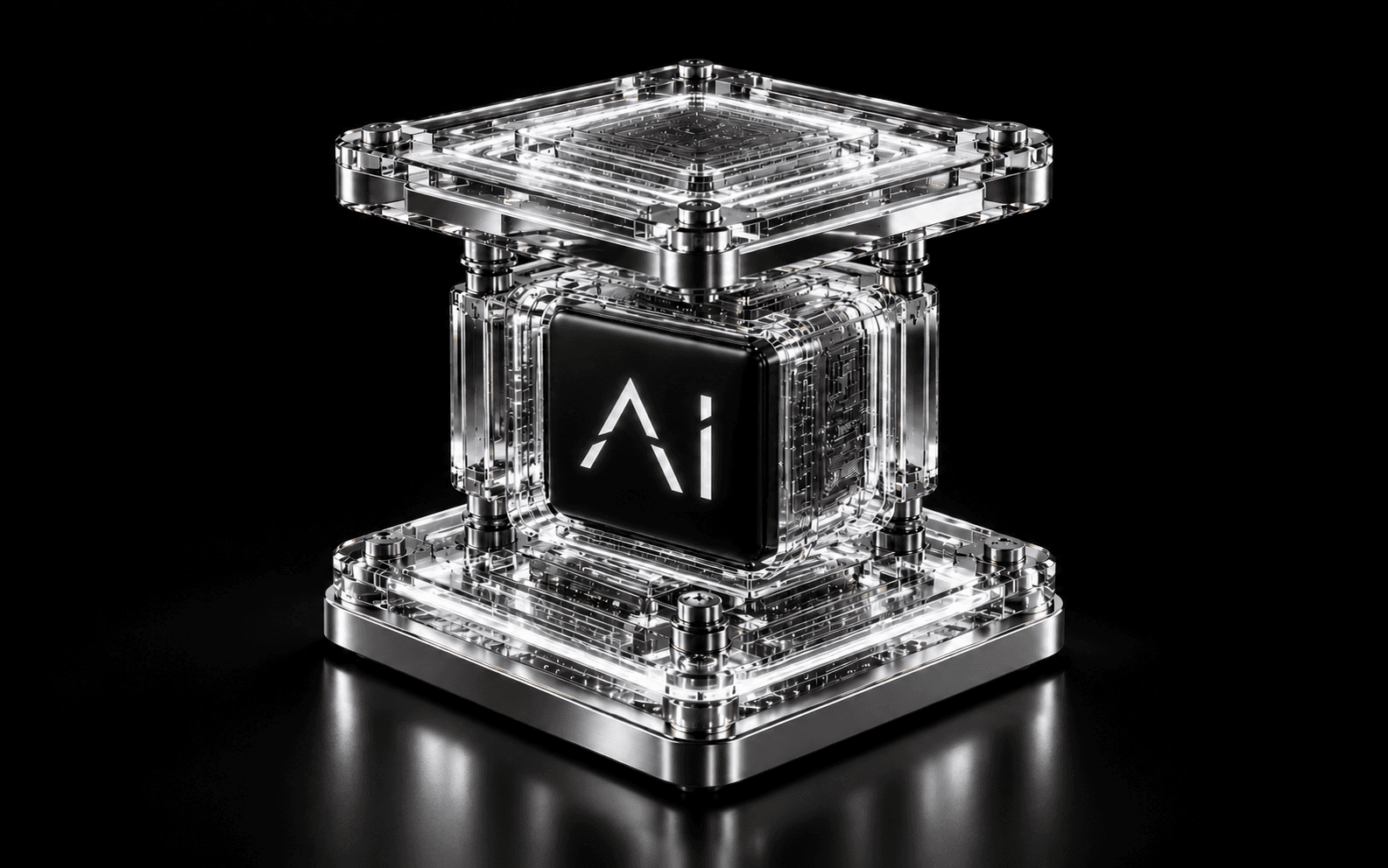 Four connected silver layers on an illuminated AI platform