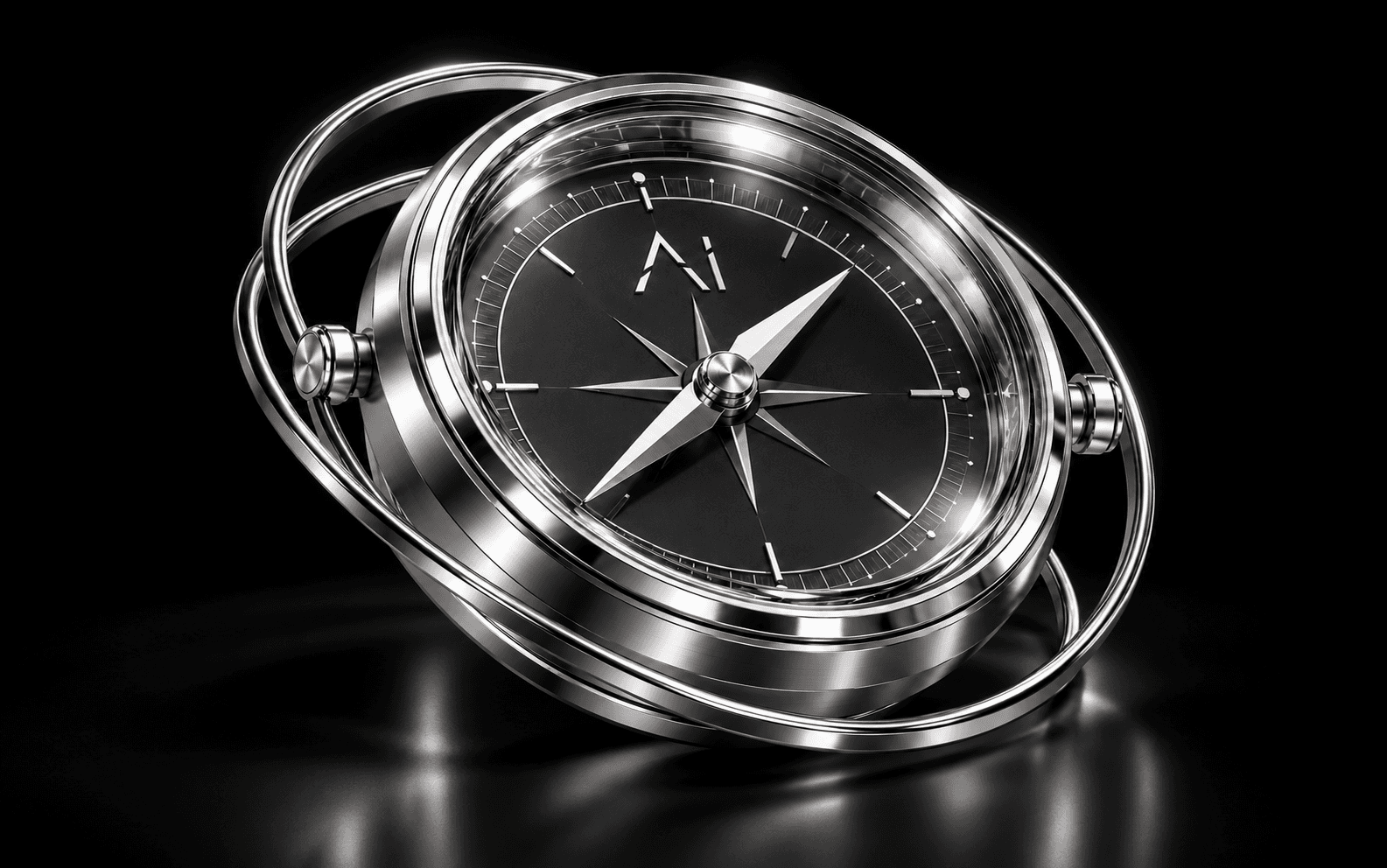 Silver compass with orbital paths representing strategy, planning, execution and measurement