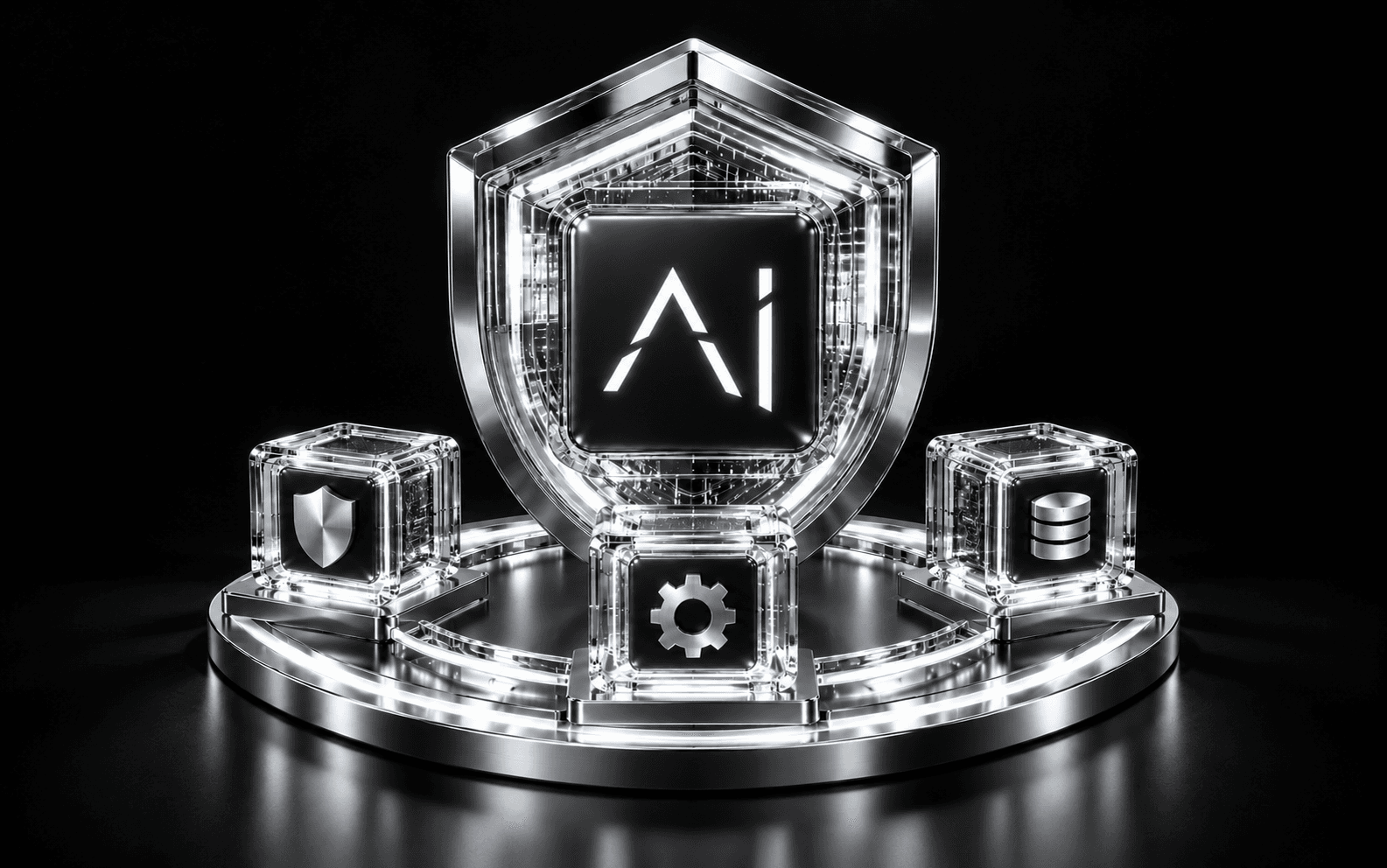 An AI shield surrounded by security controls on a layered foundation