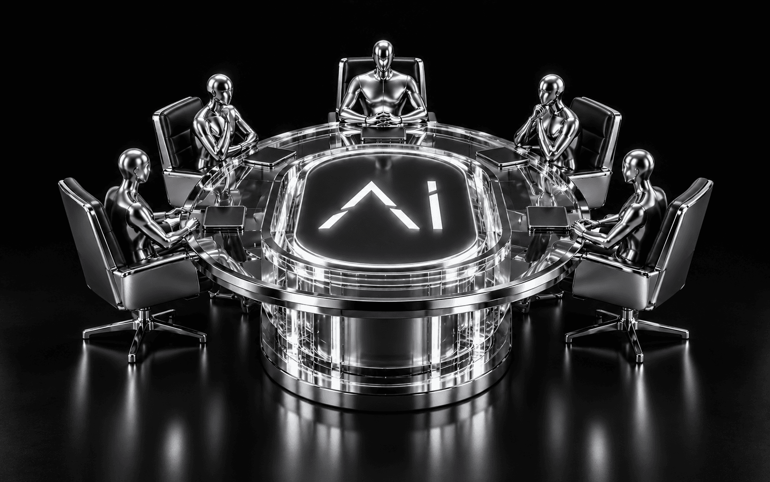 Virtual advisors gathered around an illuminated AI boardroom table