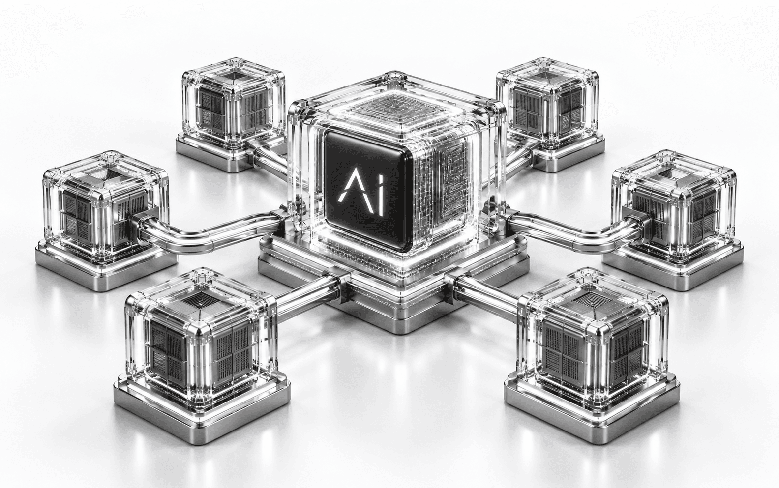 An illuminated AI cube connecting strategy, finance, customer experience, operations, governance and people
