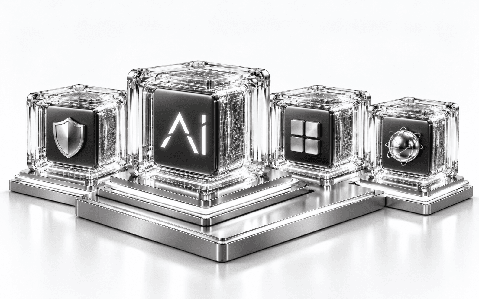 Silver AI, security, adaptability and intelligence cards on an illuminated platform
