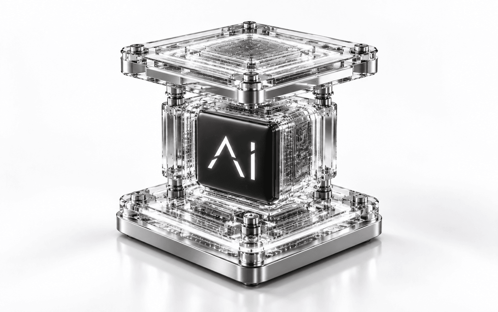 Four connected silver layers on an illuminated AI platform