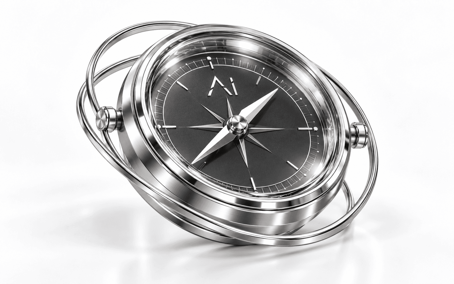 Silver compass with orbital paths representing strategy, planning, execution and measurement