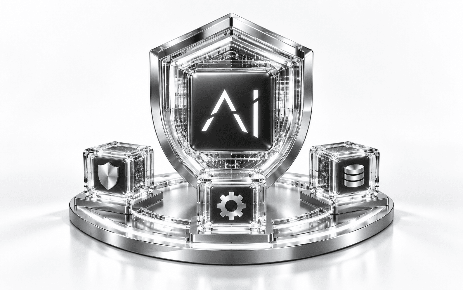 An AI shield surrounded by security controls on a layered foundation