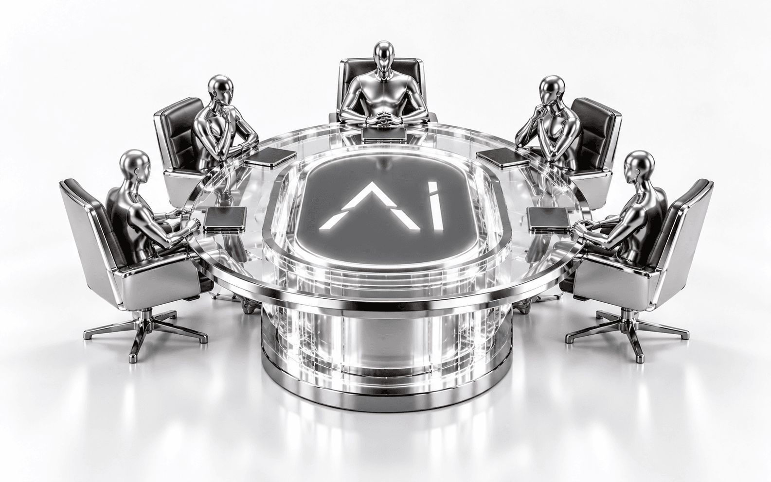 Virtual advisors gathered around an illuminated AI boardroom table