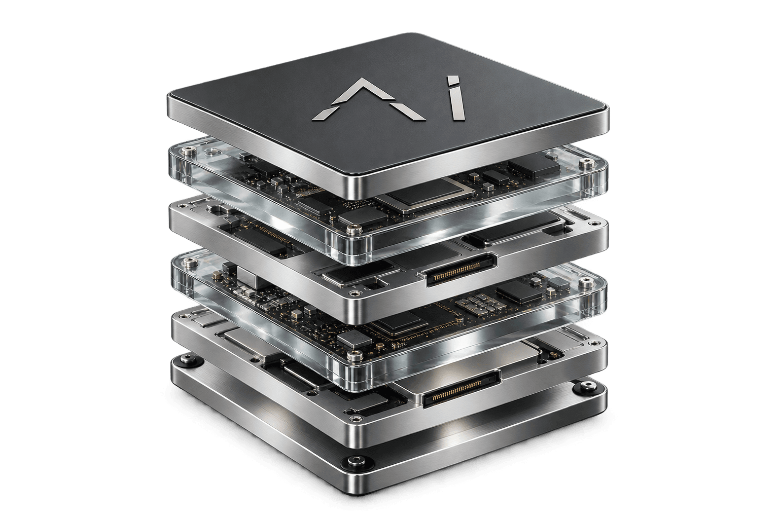 Six precision glass and aluminium platform layers with the Integen logo